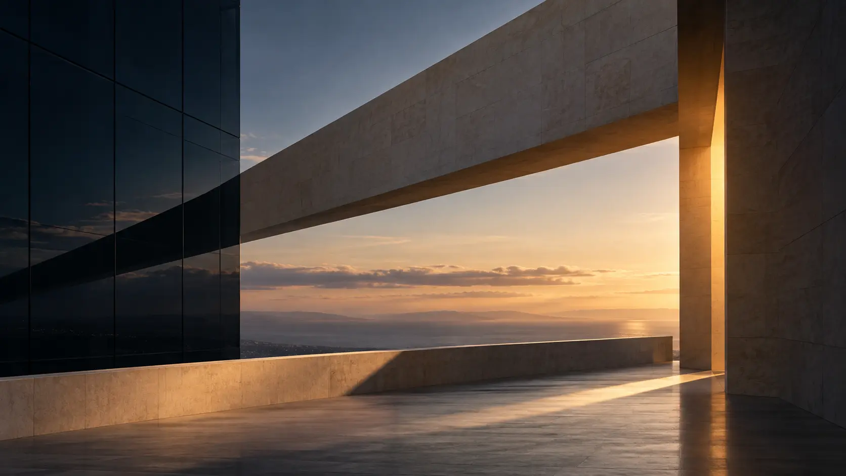Architectural forms connected across a luminous horizon